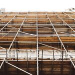 A detailed view of scaffolding at a construction site shows structure and pattern.